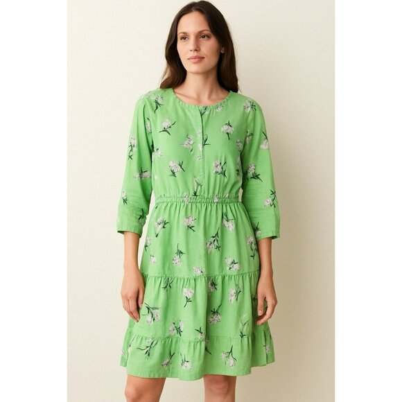 LOFT Linen Blend Tiered Balloon Sleeve Floral Dress in Pistacia Size Medium - Picture 1 of 6